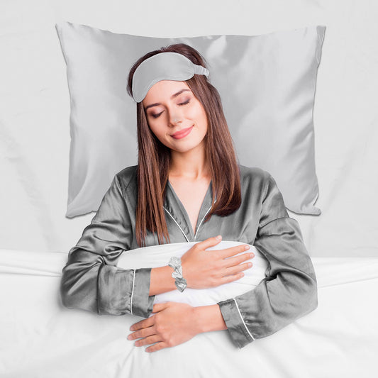 SPECIAL OFFER 5-Piece Set: Silver Silky Satin Sleep Mask with Pillowcase and Scrunchies